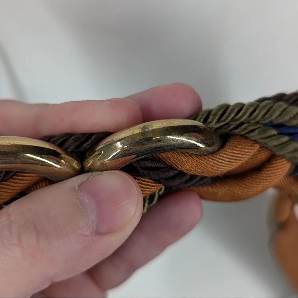 Vintage Ginnie Johansen Inc. Dallas Brown Gold Braided Velcro Belt Small Medium